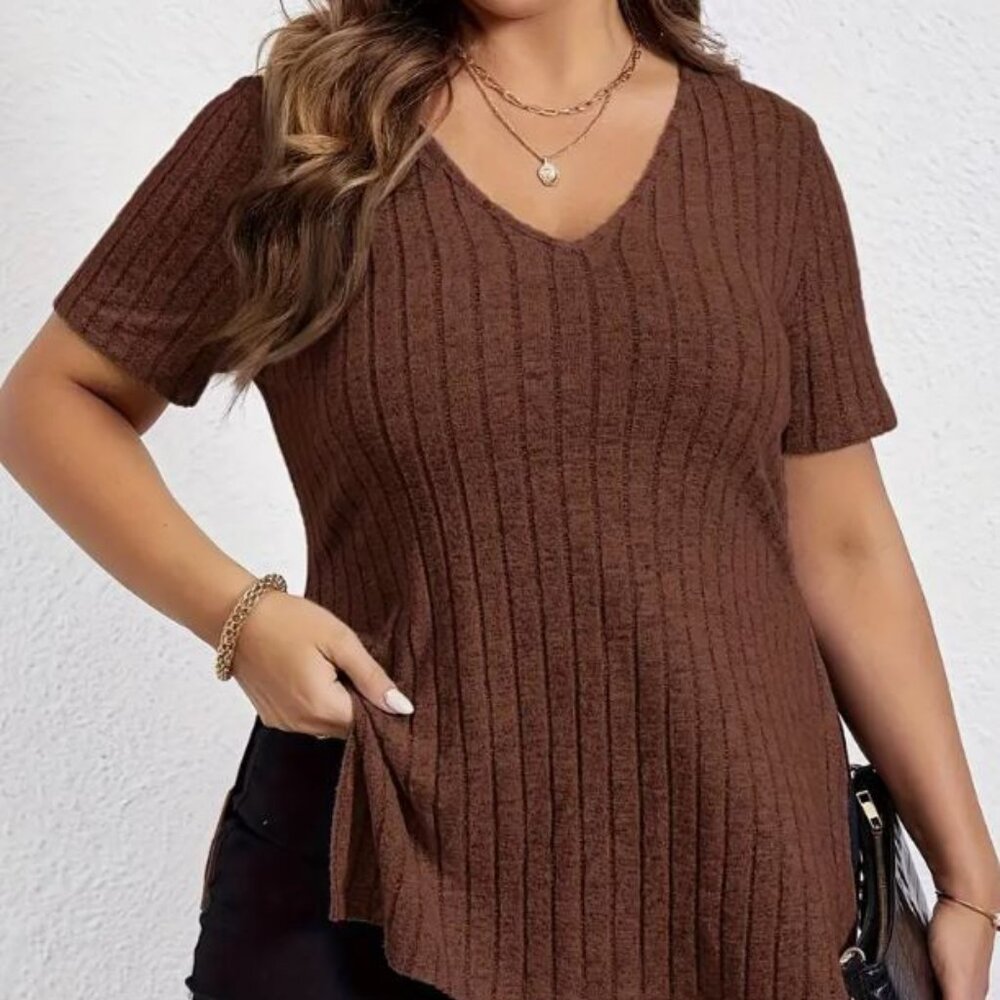 Bundle 2+ items for 30% off Plus Size Comfort Tee - Soft Solid Ribbed V Neck 1X